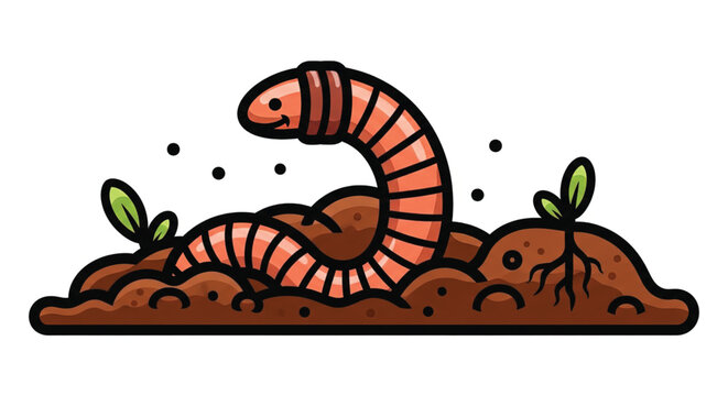 Vibrant cartoon earthworm in soil.