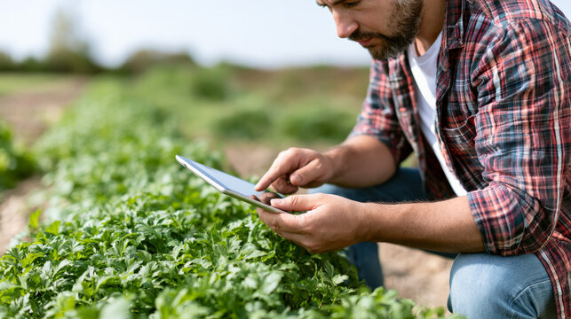 Farmer using tablet inspecting leafy crops in outdoor field