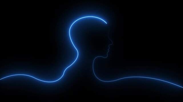 Artificial Intelligence and Human Mind Glowing Blue Neon Line Animation with Head Profile Silhouette for Futuristic Technology Cyberpunk Concept.