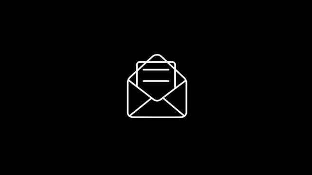 Email minimalist stroke animation, on a black background, open envelope animated icon, Envelope with a letter icon, This Seamless Looping Email Envelope Animation is a high-quality motion graphic.