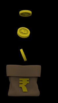 3D Animation of Golden Indian Rupee Coins Falling into a Money Sack