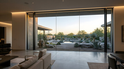 Obraz premium Luxurious modern interior seamlessly connecting to a lush outdoor patio view.
