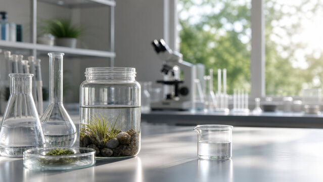 Environmental science still life with clear sample jar shape