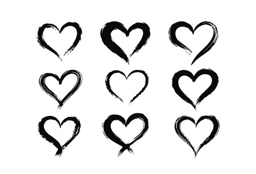 Heart icons set., bursh art  drawn, black and white vector