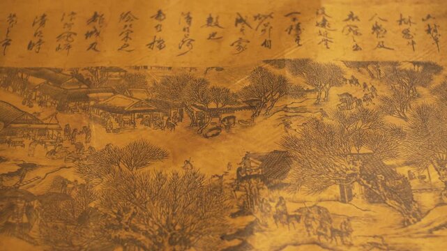 Ancient Chinese Scroll Painting of Rural Village Landscape with Calligraphy in China