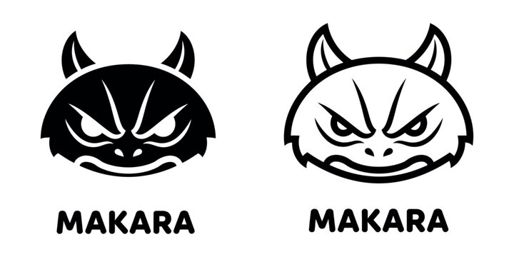 Fierce Makara Creature Silhouette Head with Grinning Expression on White Background Vector