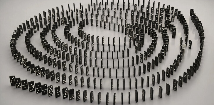 Spiral arrangement of standing black domino tiles on a light surface with dominoes strategy abstract conceptual structure standing sequence business planning alignment connected