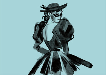 Fototapeta premium Elegant Black Fashion Sketch Woman in Hat Modern Artistic Illustration