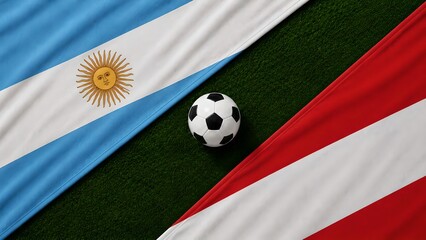 Fototapeta premium Argentina vs Austria Football Match Banner with Soccer Ball on Stadium Grass | International Soccer Rivalry Concept