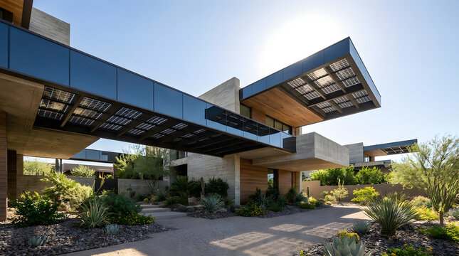A luxury sustainable architecture project with dramatic cantilevered roof structures in the desert.