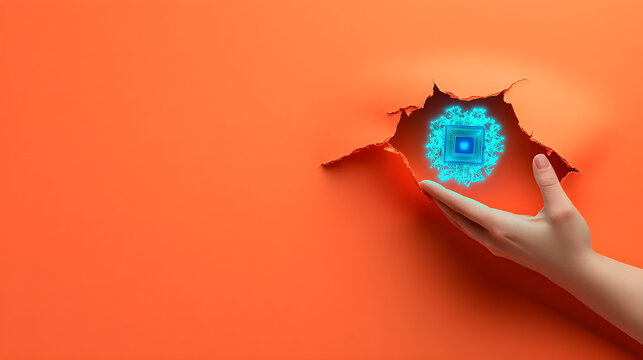 Glowing robotic eye and metal finger peeking through torn orange paper