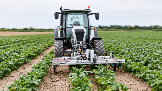 Tractor operating planter in cultivated farmland rows