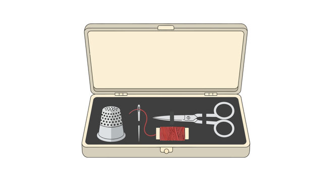 Sewing Kit Open Box with Thimble, Needle, Thread Spool, Scissors