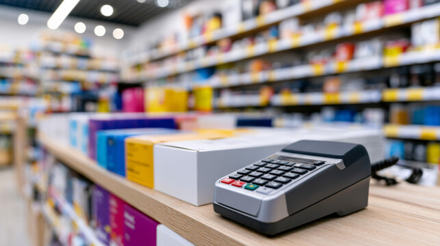Card terminal on retail counter with shelves in background