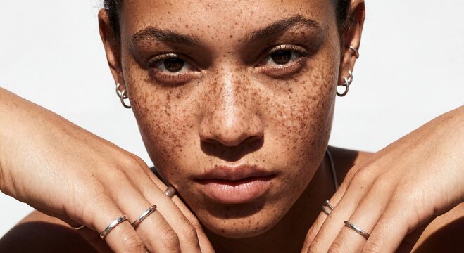 Close up beauty portrait of young woman with natural freckles