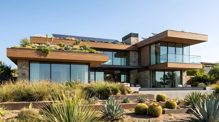Fototapeta premium A modern luxury residential estate featuring sustainable green roof design and desert landscaping.