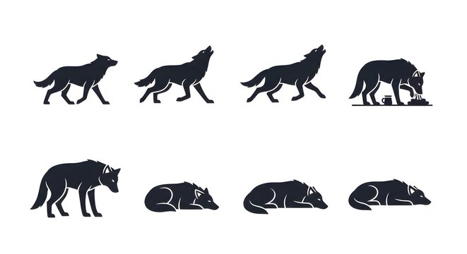 Detailed wolf silhouettes showing different natural behaviors in a professional vector set