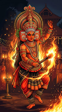 Theyyam performer, Theyyam dance, Kerala culture, Kerala folk art, ritual dance, Hindu ritual, North Kerala, Malabar culture, Kannur, Kasaragod, Kaliyattam, Thirayattam, sacred performance, goddess.