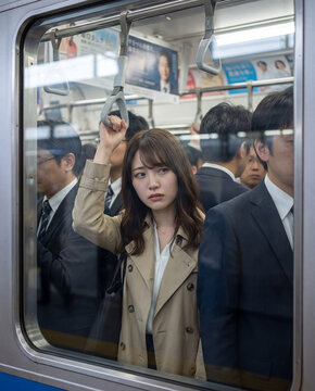 満員電車でつり革に掴まり通勤する若いビジネスウーマン