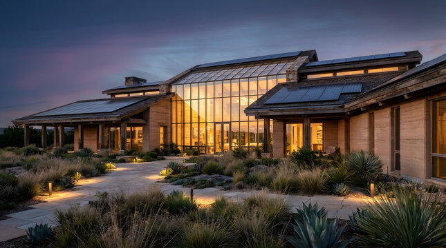 A sustainable estate with a large glass atrium and solar panels during a beautiful golden sunset.