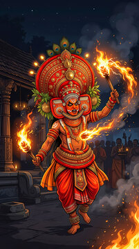 Theyyam performer, Theyyam dance, Kerala culture, Kerala folk art, ritual dance, Hindu ritual, North Kerala, Malabar culture, Kannur, Kasaragod, Kaliyattam, Thirayattam, sacred performance, goddess.
