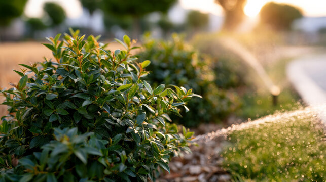 Bush being watered by sprinkler on garden pathway at sunset