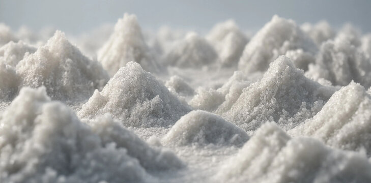 Macro view of white mineral salt piles in an industrial extraction field with industry extraction production landscape background ingredient chemical resource granulated substance