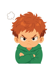 Angry little boy cartoon character with crossed arms, messy red hair, furrowed eyebrows, and annoyed expression. Kawaii flat vector illustration isolated on a white background.