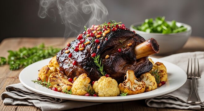 Slow roasted lamb shoulder with glaze served on rustic plate with potatoes and herbs