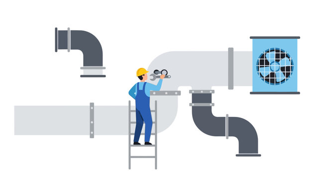 Maintenance worker inspects ventilation system pipes on ladder, HVAC repair service concept