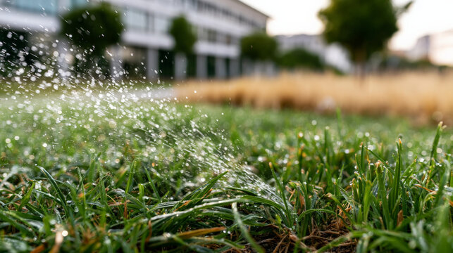 Close up sprinkler spraying water over green lawn in park
