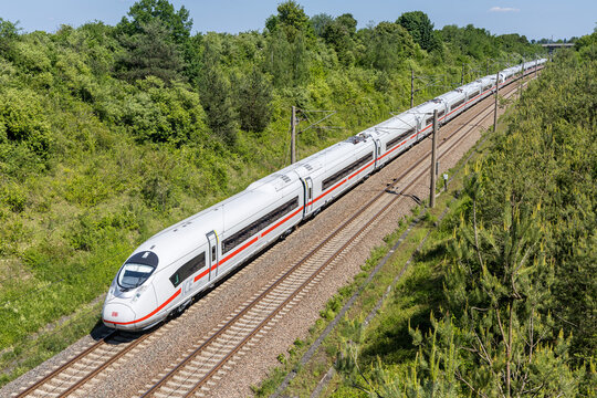 ICE 3 Siemens Velaro D Deutsche Bahn DB high-speed train railway line Mannheim-Stuttgart in Moeglingen, Germany