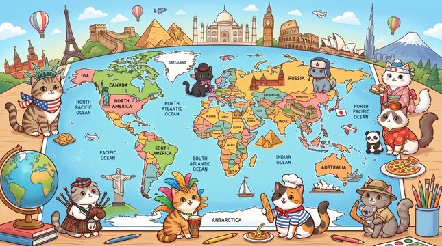 Cute cartoon cats traveling around the world map with famous landmarks and icons