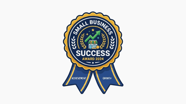 Small Business Success Award Ribbon: A circular award ribbon with a gold border, featuring a blue center with icons representing growth and success.