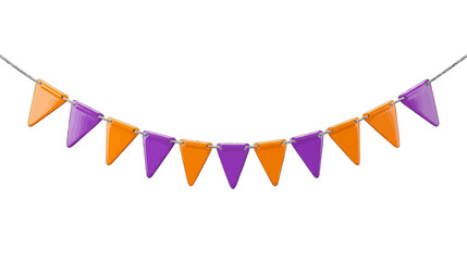 Fototapeta premium Vector illustration of bunting garland with orange and purple triangular flags on a transparent background