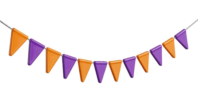Vector illustration of bunting banner with orange and purple triangular flags on a transparent background
