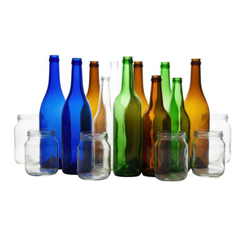 Meticulously arranged empty recycled blue, green, amber, and clear glass bottles and jars on a reflective white studio background, high-key lighting, caustics, concept of environmental sustainability