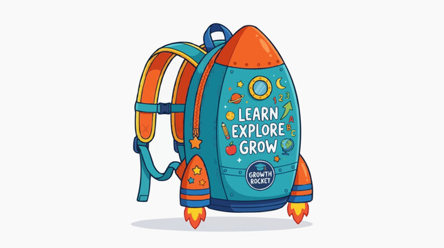 Rocket Backpack Adventure: A whimsical backpack designed like a rocket ship, adorned with celestial motifs and inspiring words like Learn, Explore, Grow.