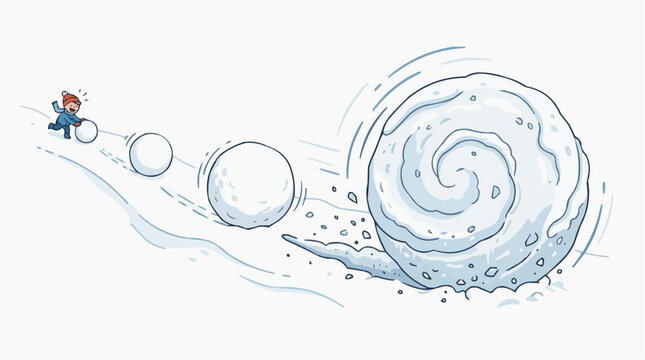 The Snowball Effect: A small boy gleefully rolls a snowball down a snowy hill, creating a chain reaction that culminates in a colossal snowball gaining momentum.