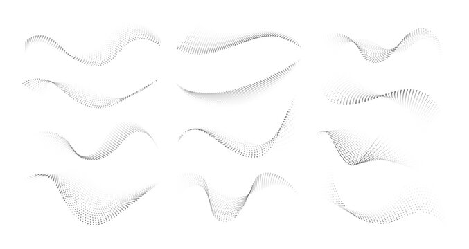 Halftone dotted wave vector set. Abstract flowing particle curves, monochrome dynamic dot meshes for futuristic technology backgrounds, sound waveform design and digital motion templates.