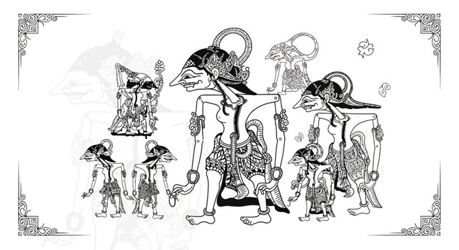 Traditional Javanese Wayang Kulit shadow puppets in a detailed black and white illustration.