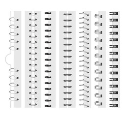 Obraz premium Notebook spiral bindings with realistic metal rings, wire coils and punched paper margins, vertical planner and journal spine loops for stationery, calendar, album or booklet mockup. Vector set