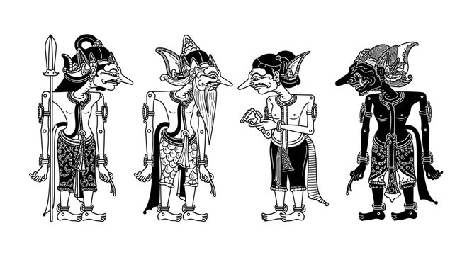 Traditional Javanese Wayang Kulit shadow puppets in black and white.