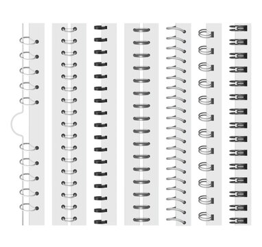 Notebook spiral bindings with realistic metal rings, wire coils and punched paper margins, vertical planner and journal spine loops for stationery, calendar, album or booklet mockup. Vector set