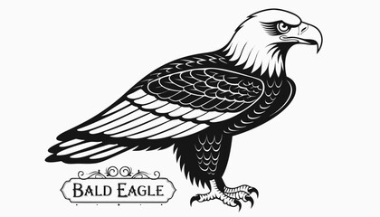 Fototapeta premium Very beautiful black-and-white engraved vector illustration featuring BALD EAGLE with detailed feathers and a decorative species label reading 