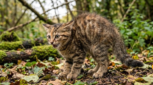 Scottish wildcat kitten hissing and arching its back in a woodland environment