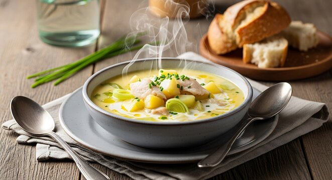 Pouring creamy smoked fish soup into bowl with fresh herbs and bread on wooden table