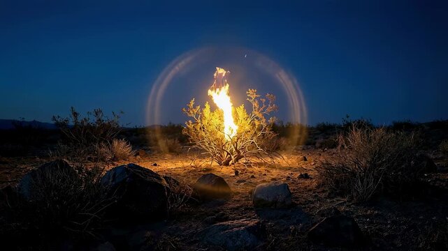 Moses observing burning bush in desert. Biblical miracle of God appearing to prophet as flame in desert shrub. Spiritual exodus story and religious mystery scene.