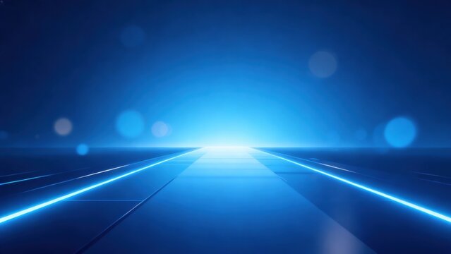 Blue neon light path leading to horizon