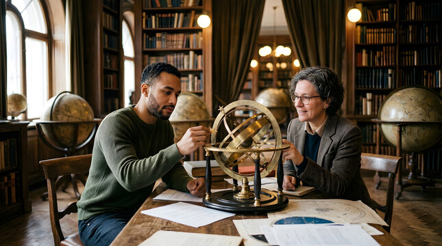 Two men discussing astronomy in vintage library with armillary sphere in warm natural lighting for education
